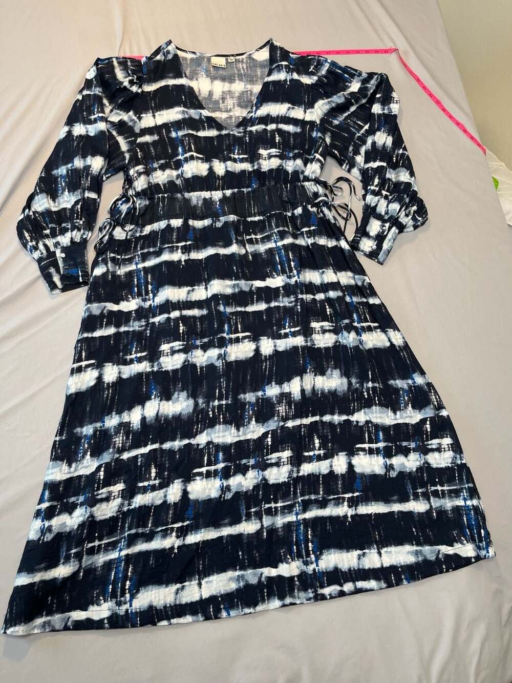 ICHI Variel Blue Fossil Ikat Print Dress Long Sleeve V-Neck Boho Scandi Artsy Ch